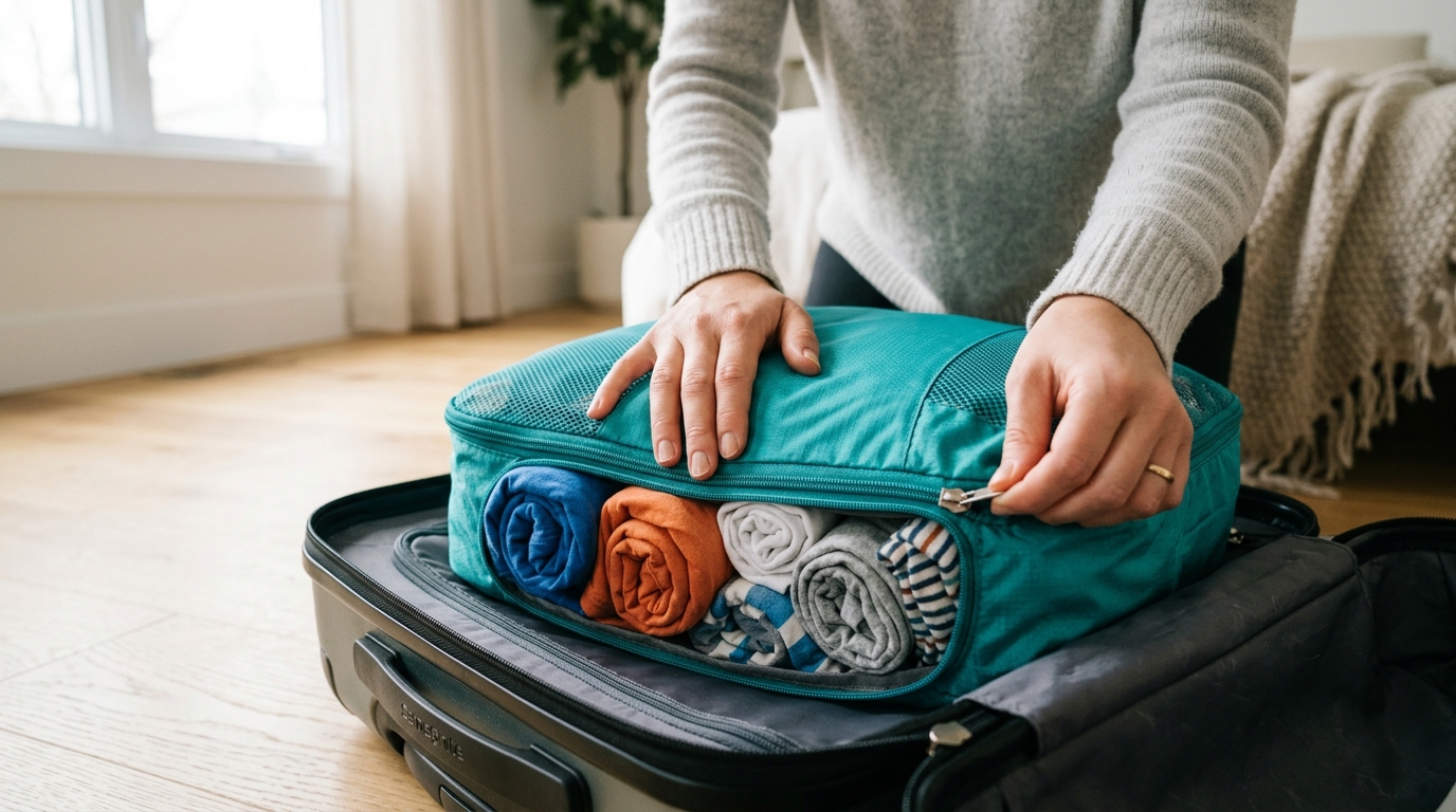 Hands zipping a teal compression packing cube inside a carry-on suitcase with rolled t-shirts
