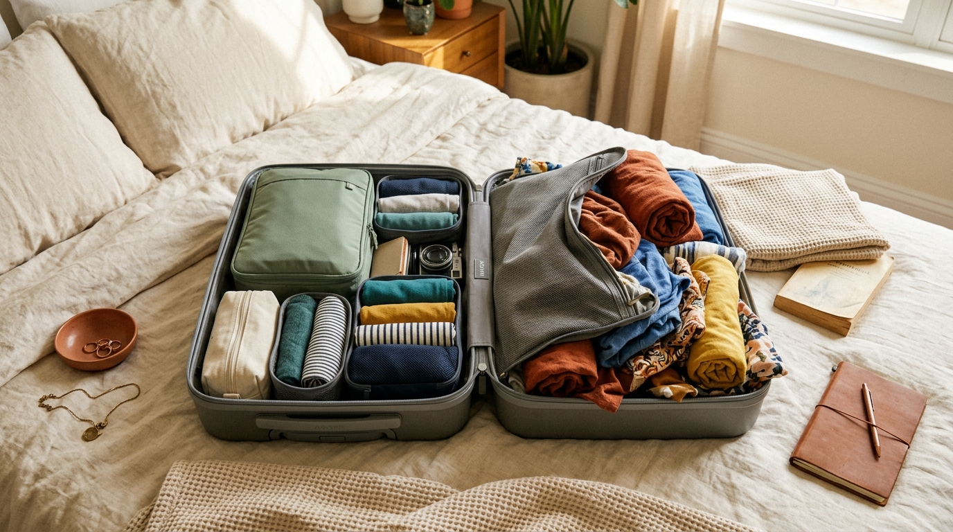Open suitcase flat-lay showing packing hacks with rolled clothes and packing cubes on a bed