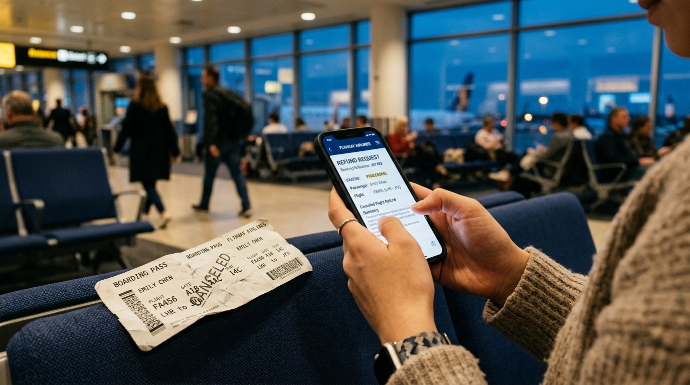 Traveler holding smartphone with airline refund request screen and crumpled boarding pass at airport terminal