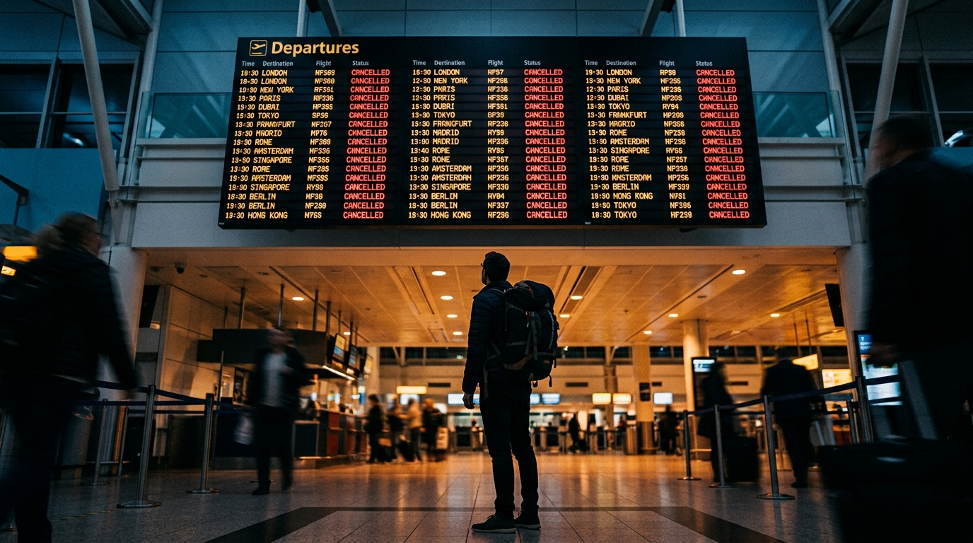 Traveler looking up at airport departures board showing cancelled flights — flight cancelled refund guide