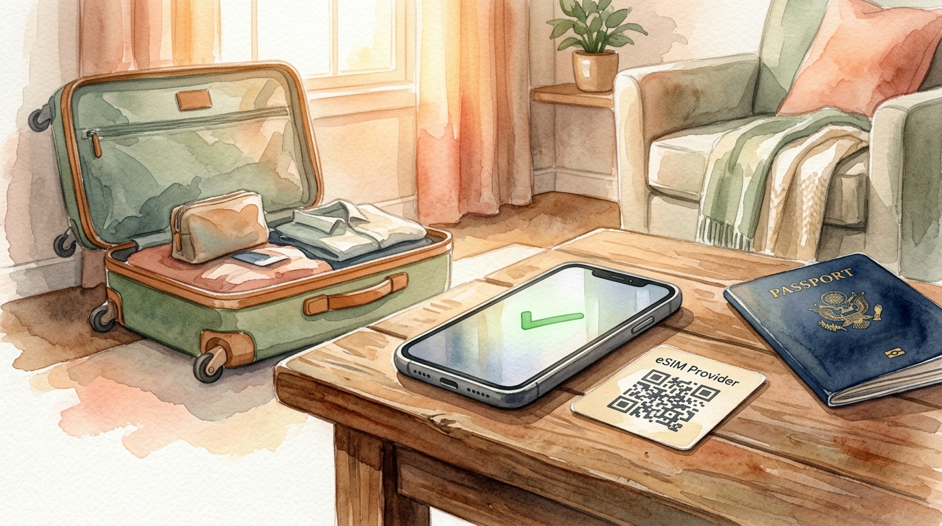 Akwarelowa ilustracja smartfona leżącego na stoliku, którego ekran świeci miękkim zielonym znakiem wyboru