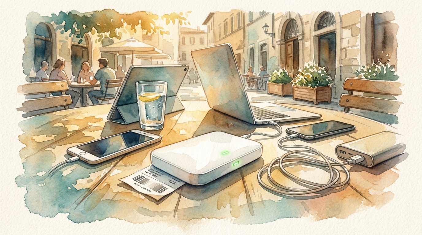 Akwarelowa ilustracja małego białego routera Wi-Fi na stoliku w kawiarni