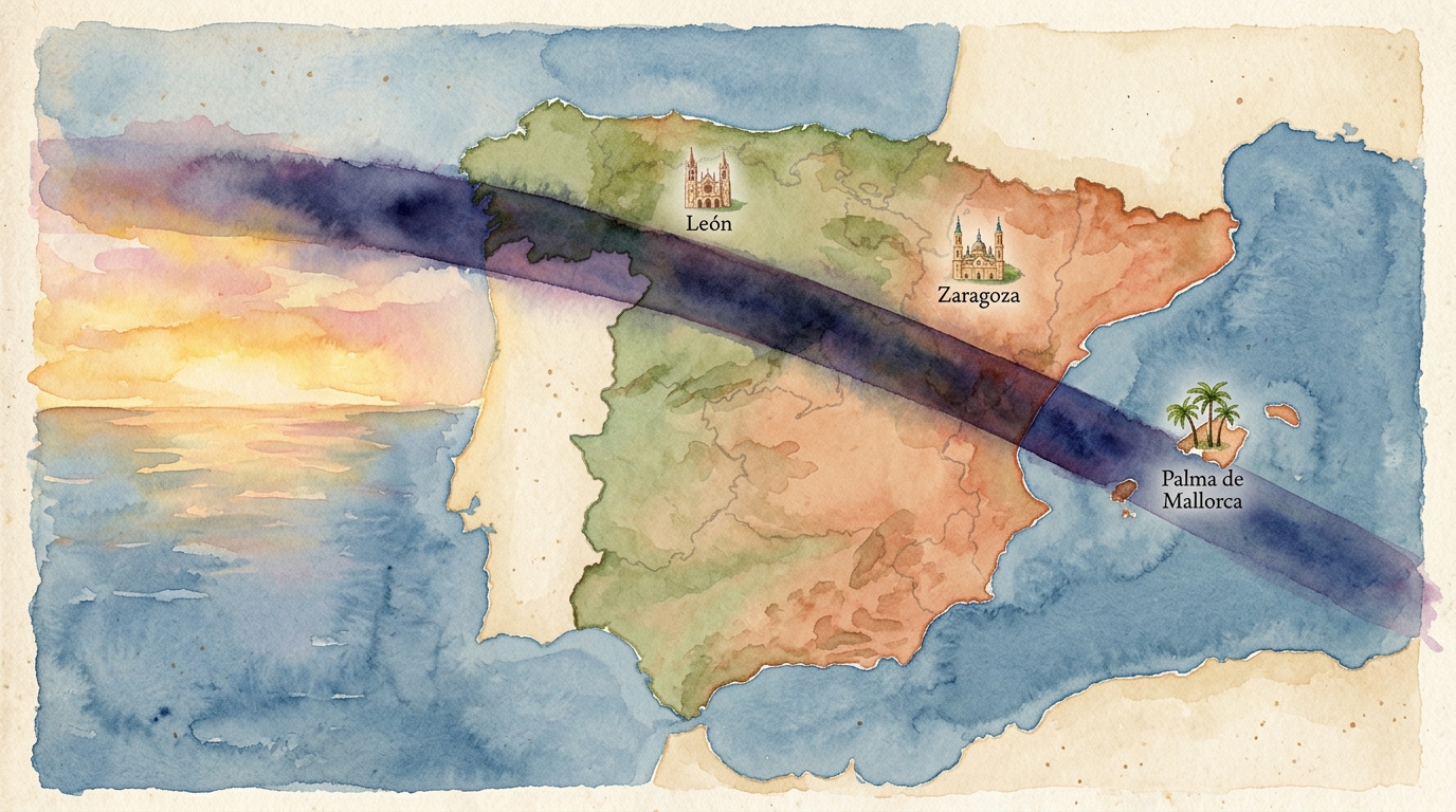 Illustrazione ad acquerello di una mappa della Penisola Iberica su carta color crema invecchiata, che mostra una drammatica fascia d'ombra scura che attraversa