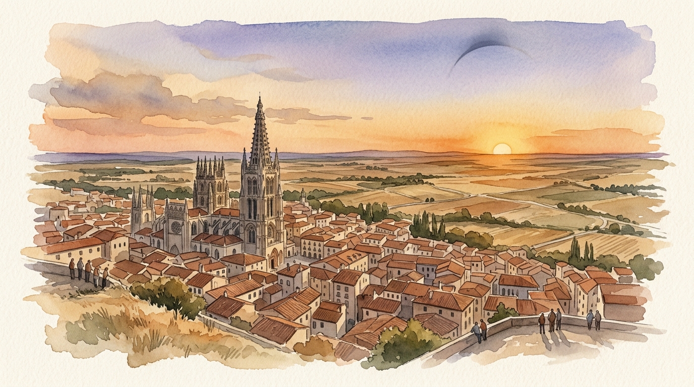 Illustrazione ad acquerello di una città della Meseta spagnola all'ora d'oro, vista da un punto di osservazione elevato