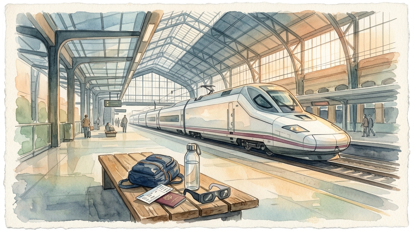 Illustrazione ad acquerello di una moderna banchina ferroviaria ad alta velocità spagnola alla stazione di Madrid Atocha