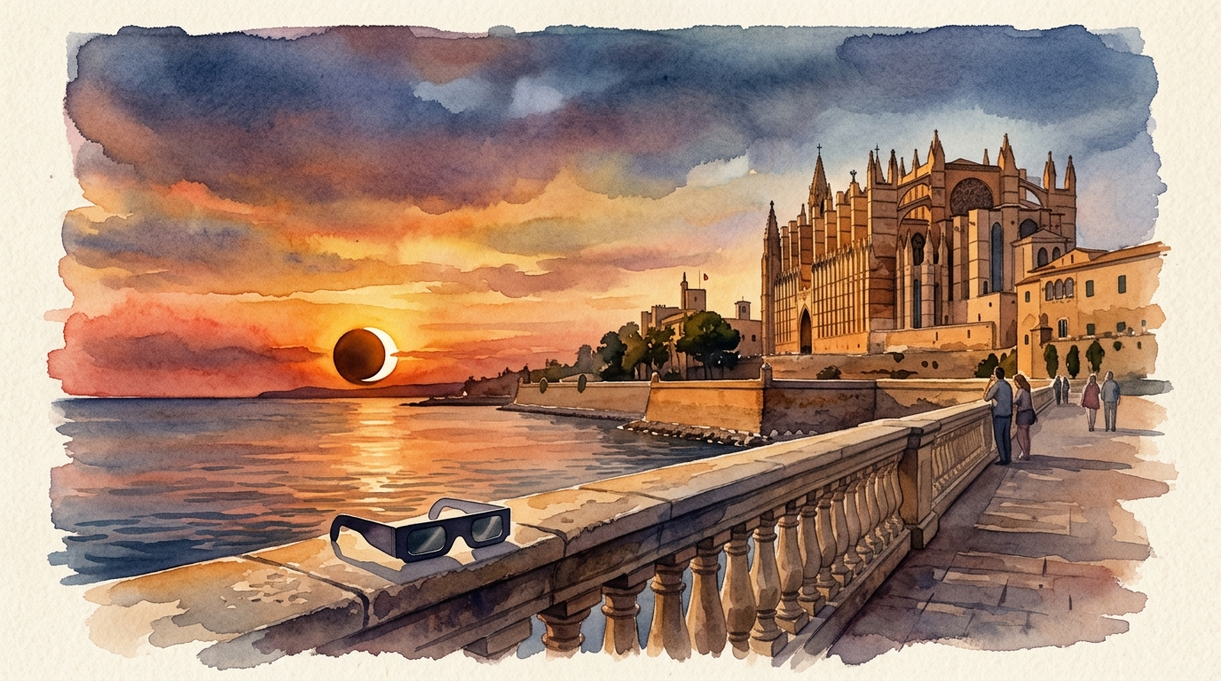 Illustrazione ad acquerello della passeggiata sul lungomare di Palma di Maiorca nel momento appena prima di un'eclissi al tramonto