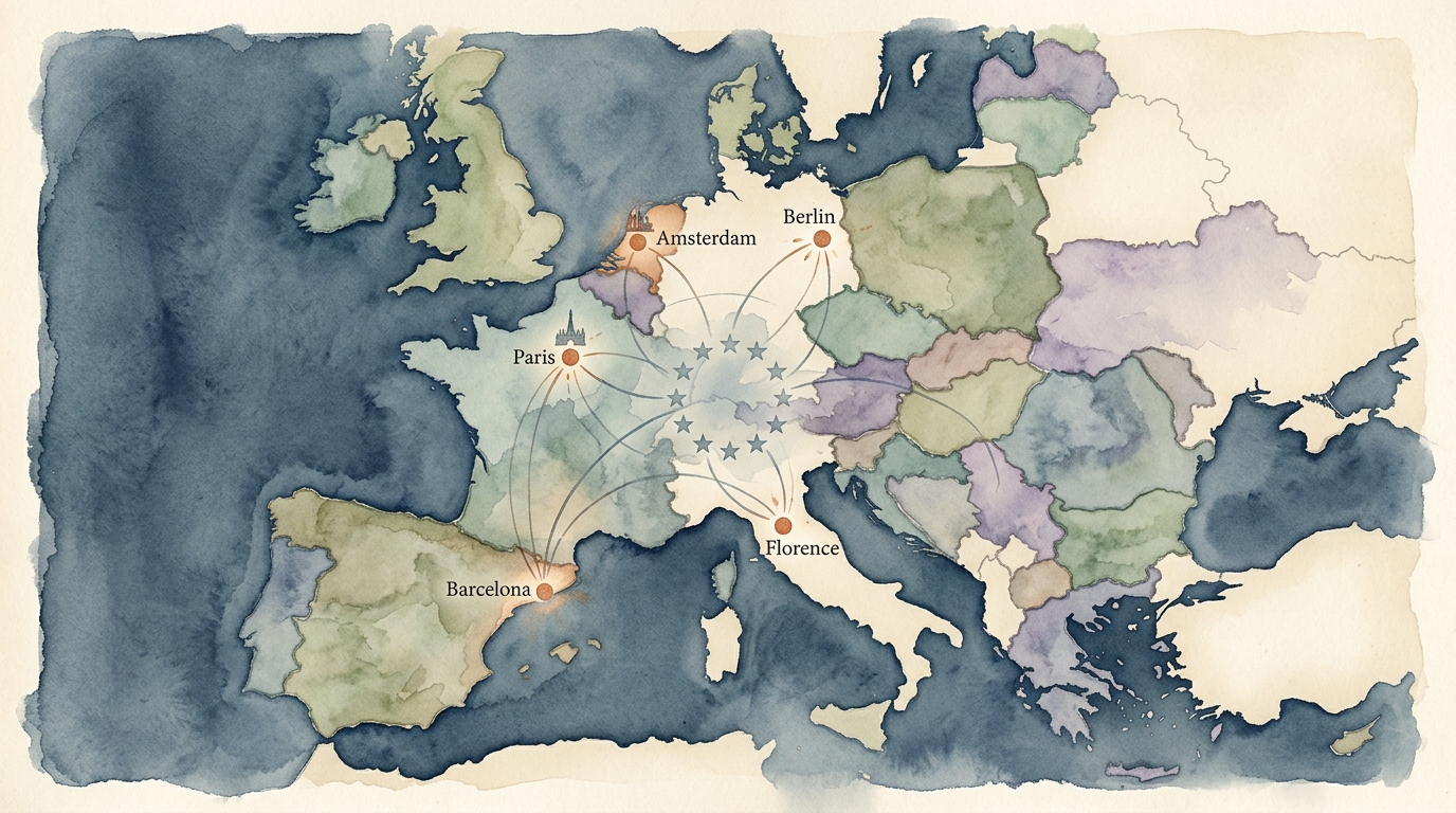 Ilustración en acuarela de un mapa de Europa sobre papel crema envejecido, con fronteras nacionales definidas suavemente por lavados tenues