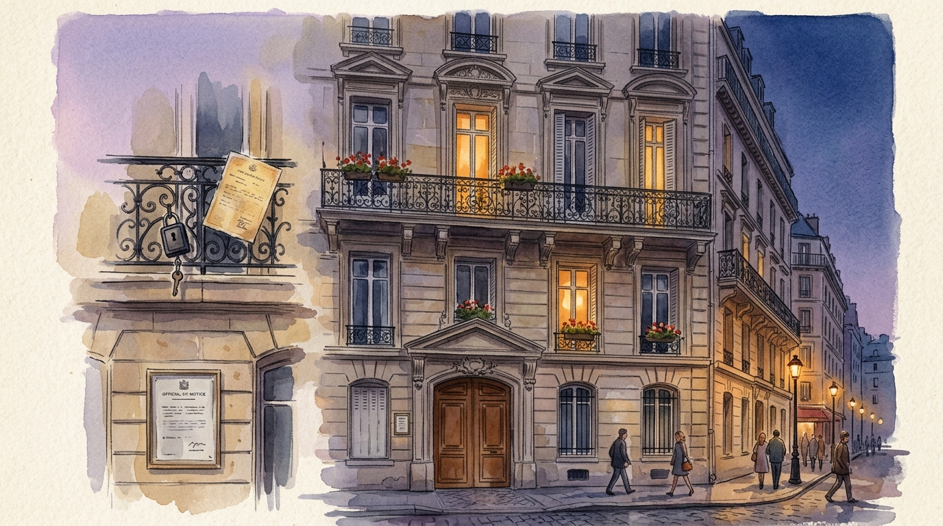 Ilustración en acuarela de una fachada de apartamento parisino clásico estilo Haussmann al atardecer, balcones de hierro forjado con geranios y ventanas altas con contraventanas