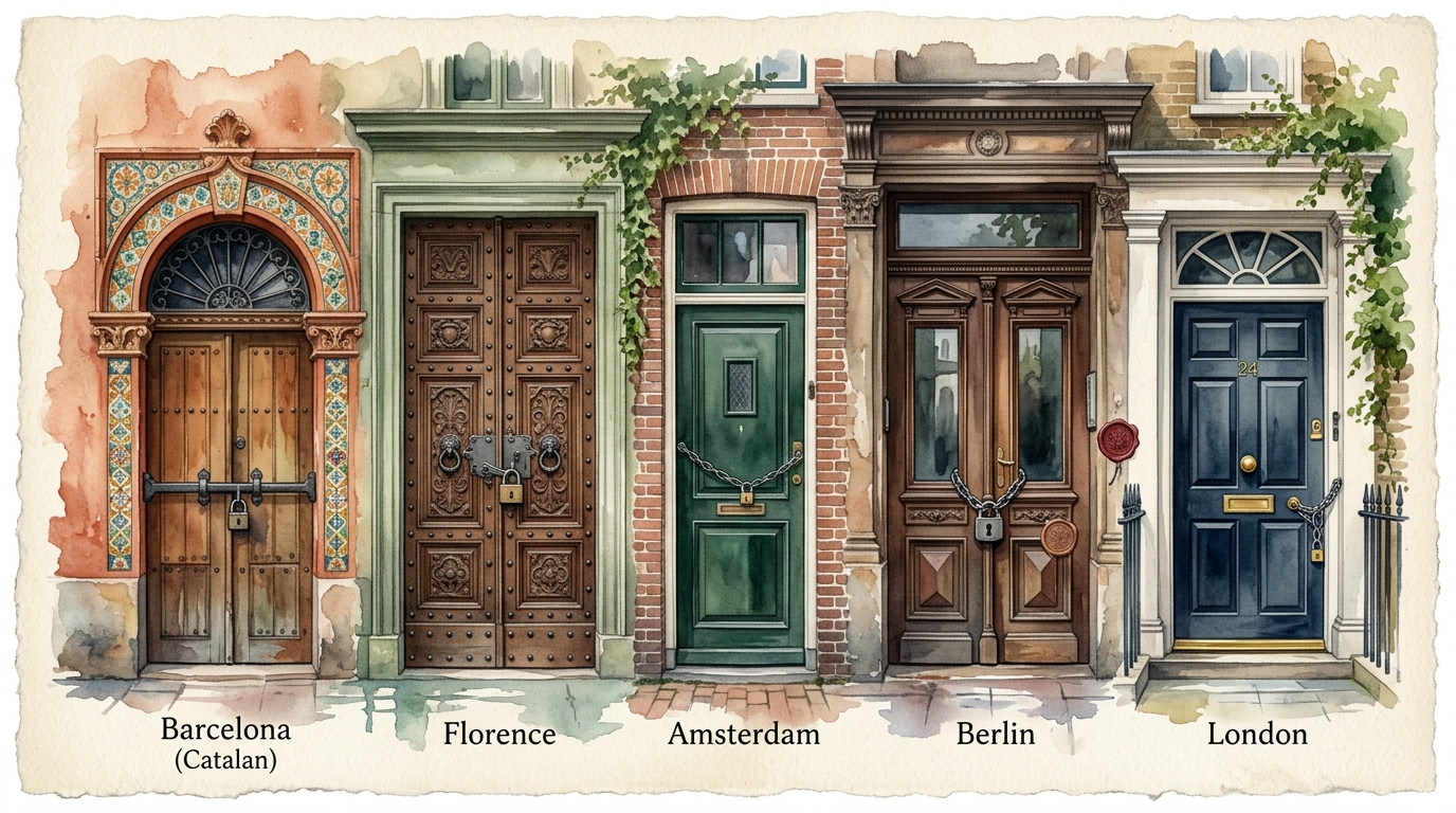 Ilustración en acuarela de una fila de cinco puertas de entrada europeas distintivas una al lado de la otra, cada una representando el estilo arquitectónico de una ciudad diferente