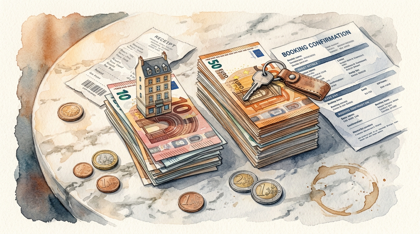 Ilustración en acuarela de una vista cenital que muestra una mesa de café de mármol desgastada con dos pilas de billetes de euro una al lado de la otra
