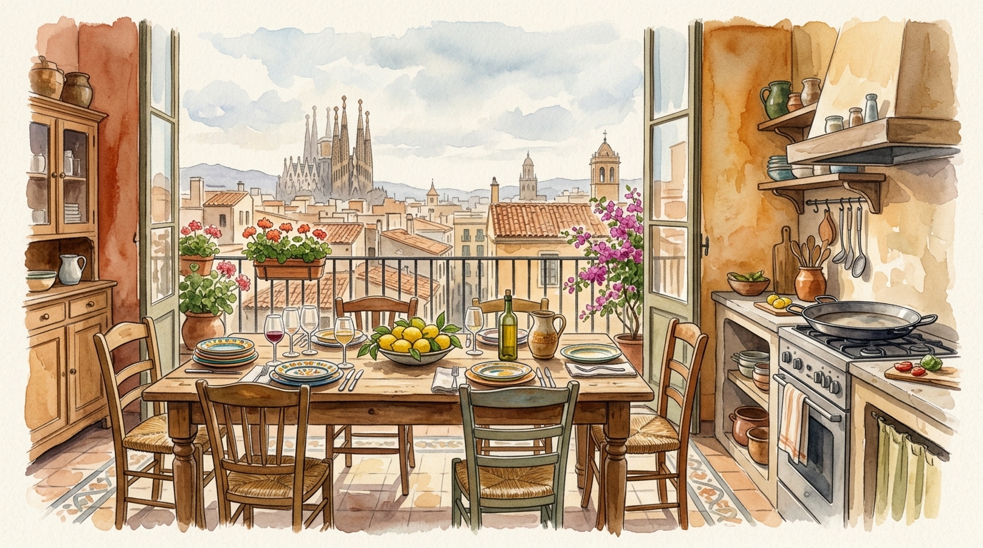 Ilustración en acuarela de una espaciosa cocina y comedor de un apartamento mediterráneo, claramente preparado para un grupo: una mesa larga de madera con seis sillas