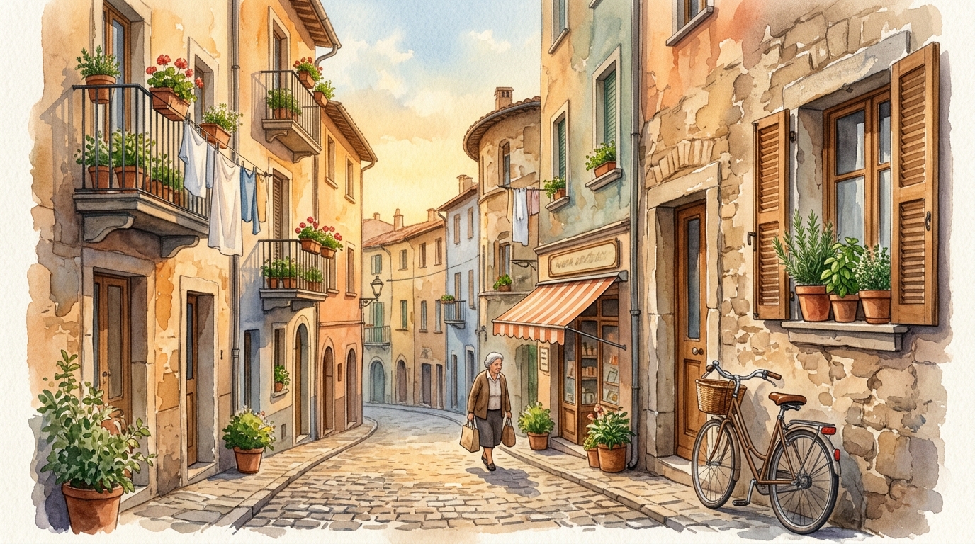 Ilustración en acuarela de una tranquila calle residencial europea a la hora dorada, ropa tendida entre balcones de antiguos edificios de piedra, una bicicleta