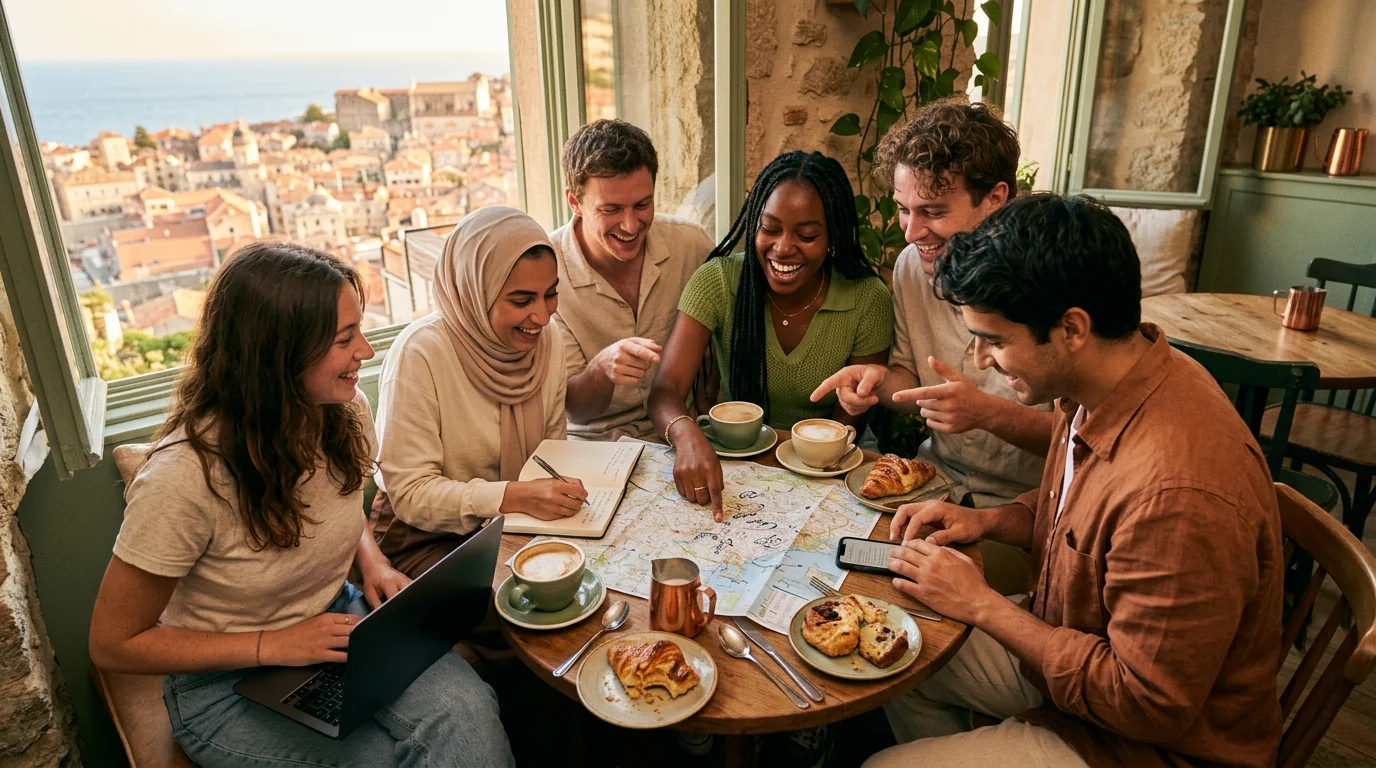 Friends planning a group trip together around a cafe table with phones, a map, and coffee