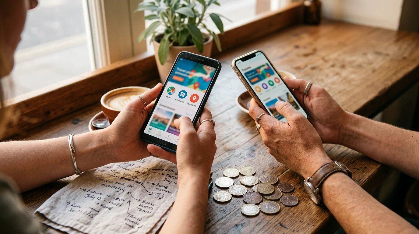 Two friends comparing travel planning apps on their phones at a cafe