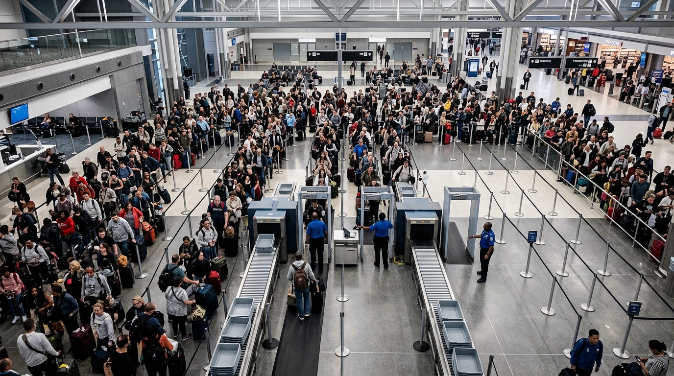 Overhead view of a crowded TSA checkpoint with most screening lanes closed during the 2026 staffing shortage