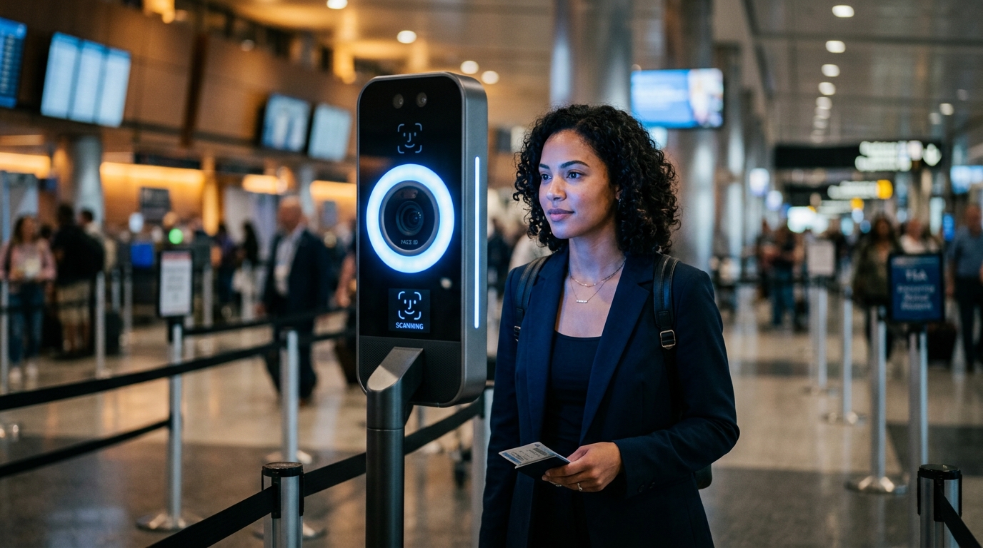 Modern TSA Touchless ID biometric camera pod at an airport checkpoint with soft blue glow