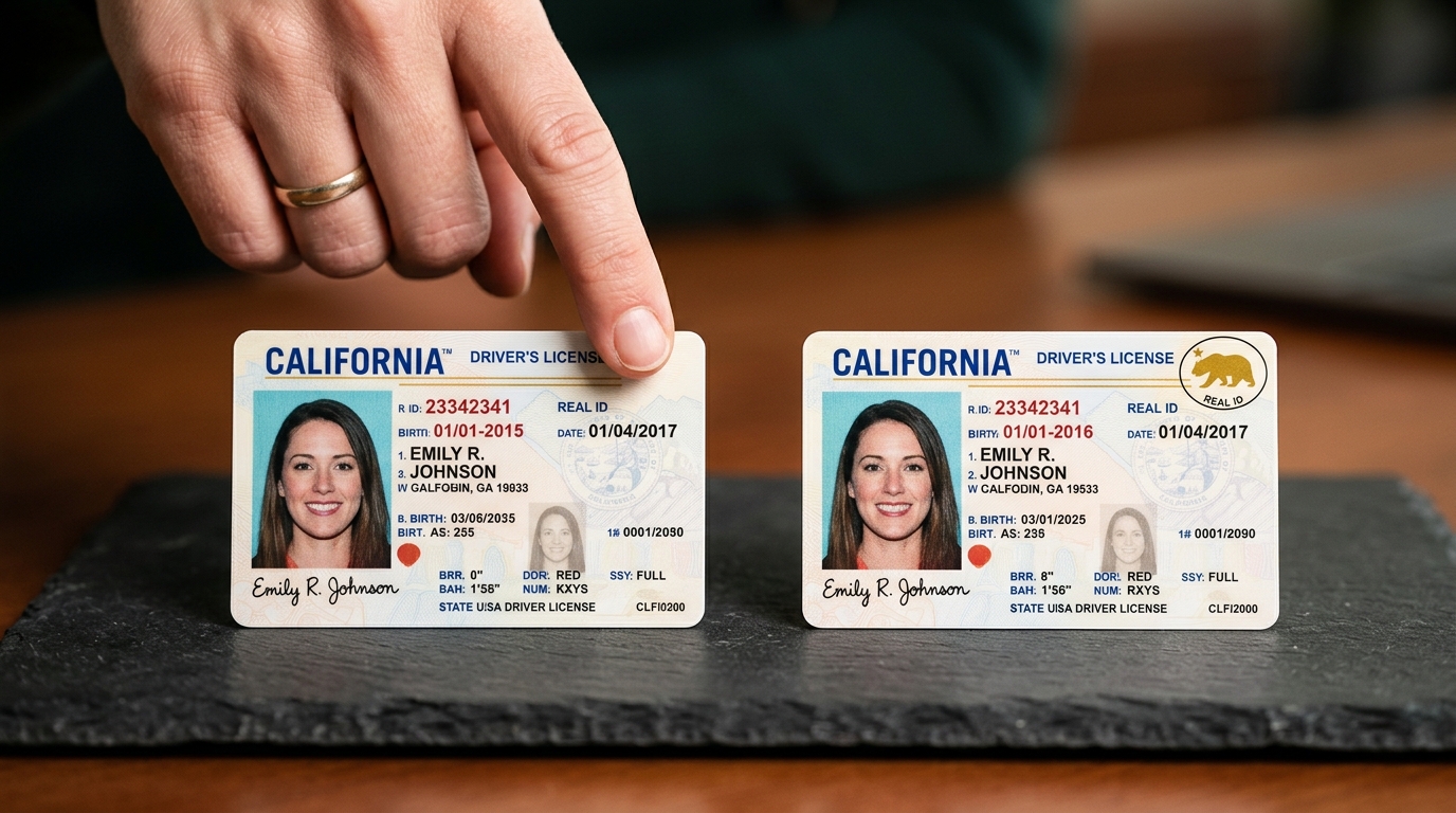 Close-up comparison of a REAL ID compliant license with gold star versus a non-compliant license