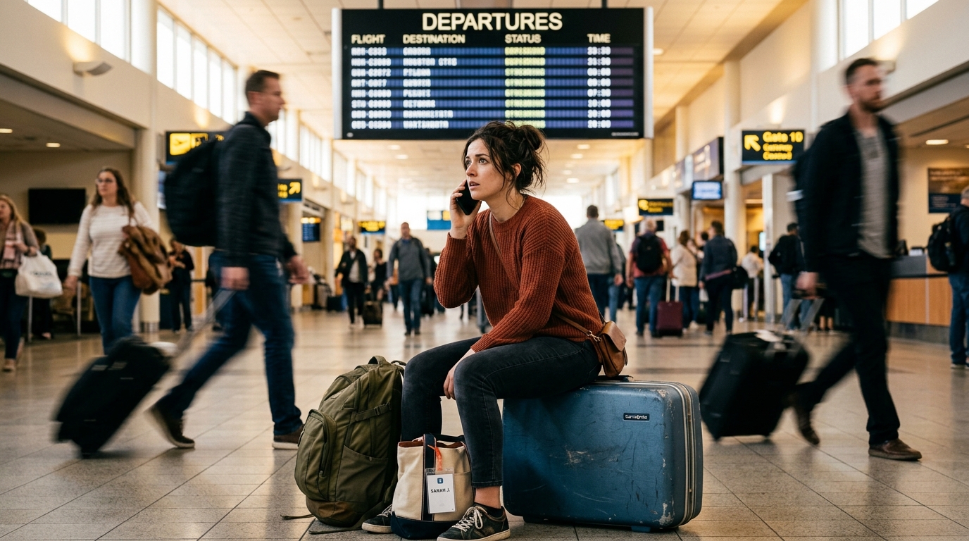 Stressed traveler sitting on suitcase at airport terminal talking on phone after missing a flight