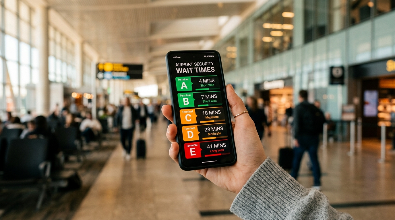 Hand holding a smartphone displaying airport security wait time information in an airport terminal