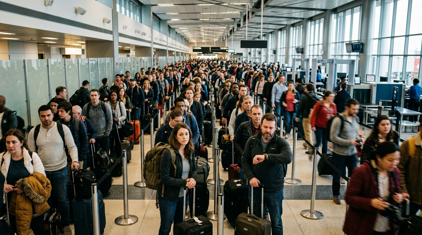 Long airport security line during the 2026 TSA crisis with hundreds of travelers waiting in a winding queue