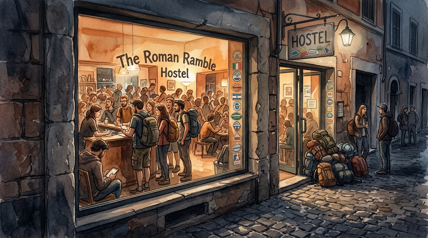Akvarelillustration af en fyldt italiensk hostel-fællesstue set gennem et vindue udefra i skumringen - varmt ravgult lys spilder ud på en gade
