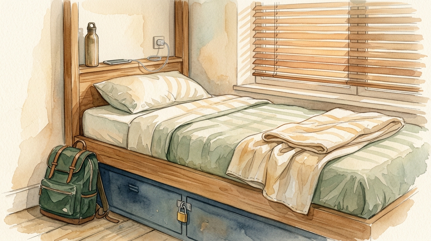 Akvarelillustration af en pænt redt hostel-køjeseng på en sovesal kun for kvinder - en lille hængelås fastgjort til et skab under sengen, en ryddelig rygsæk