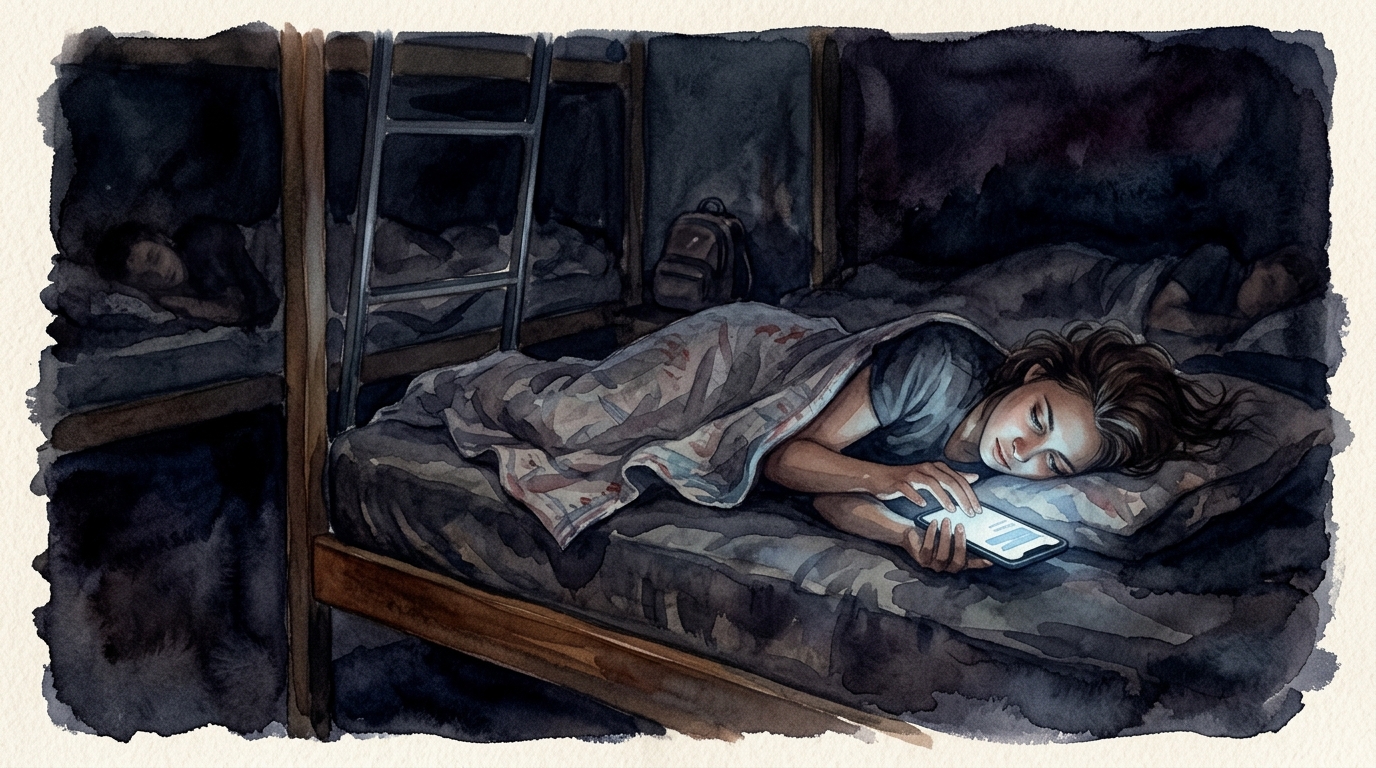 Akvarelillustration af en mørk hostel-sovesal kl. 03.00 - en enkelt telefonskærm lyser på en køjemadras og viser en sms, der bliver skrevet