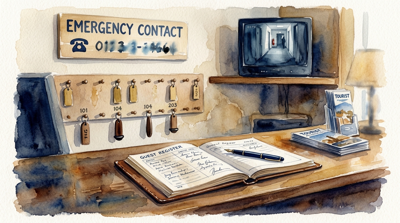 Akvarelillustration af en hostel-reception - et skilt på væggen med teksten "EMERGENCY CONTACT" med et telefonnummer
