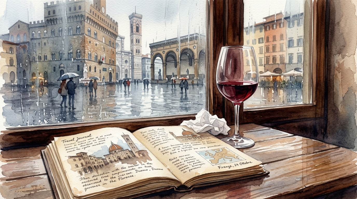 Akvarelillustration af et cafébord ved et vindue i en italiensk by - et glas rødvin halvt fyldt ved siden af en rejsedagbog