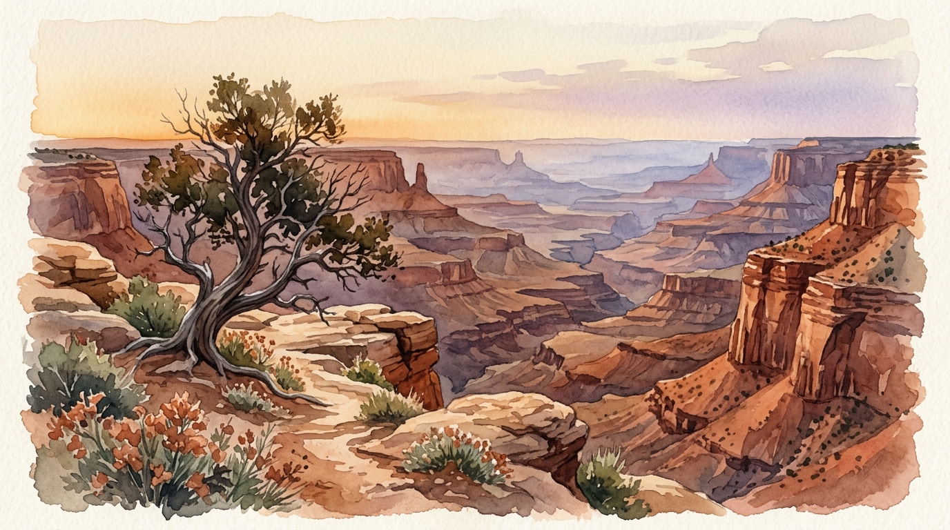 Illustration aquarelle du paysage spectaculaire de mesa en roche rouge du parc national de Canyonlands à l'heure dorée