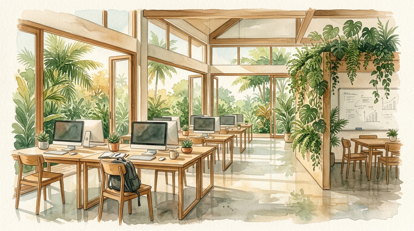 Akwarelowa ilustracja przewiewnej tropikalnej przestrzeni coworkingowej