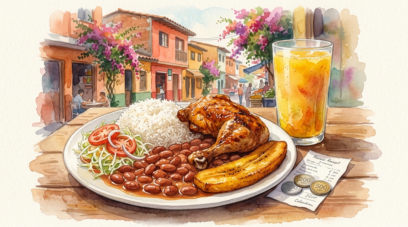 Akwarelowa ilustracja kolumbijskiego lunchu comida corriente