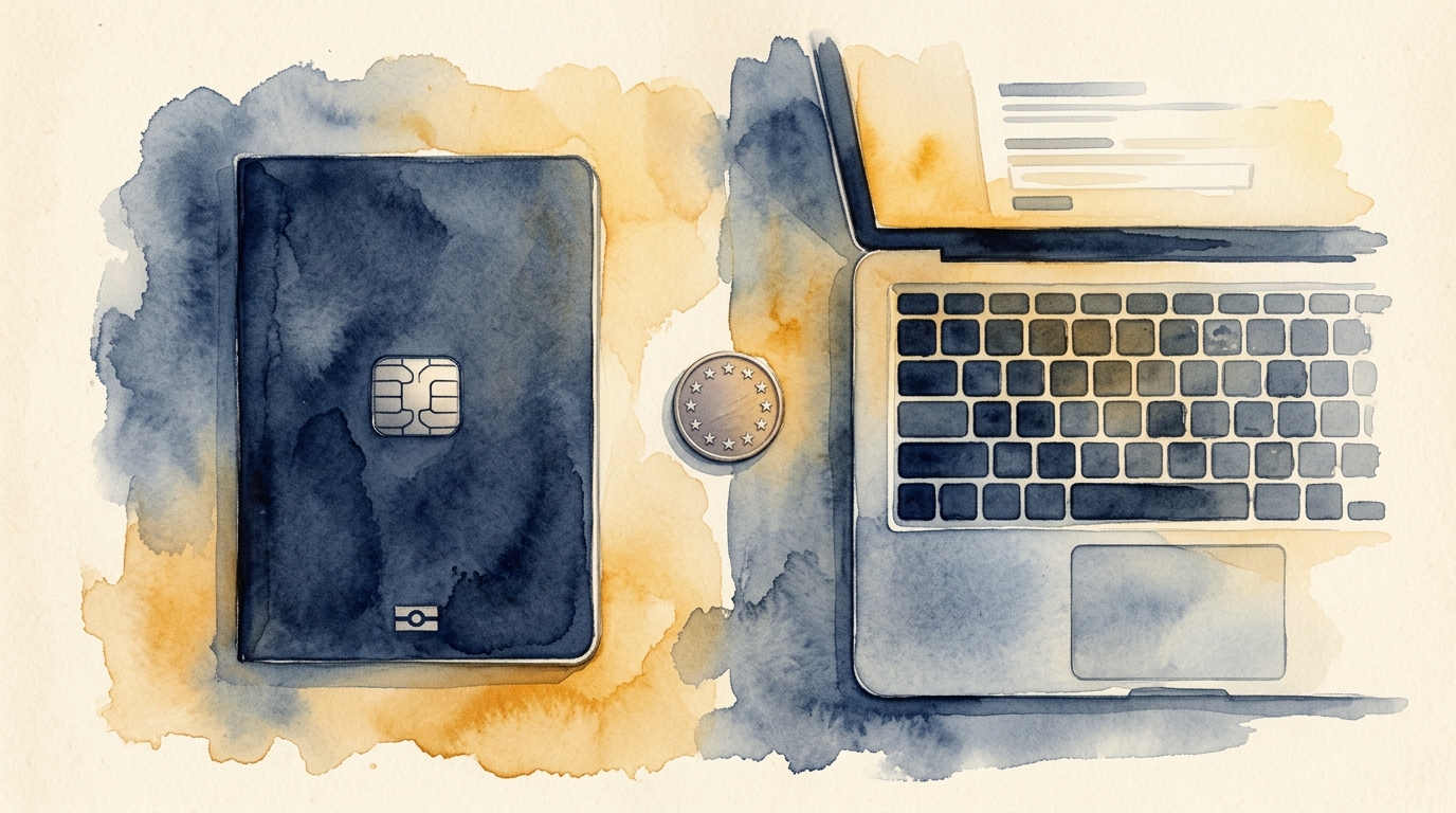 Illustrazione ad acquerello che mostra due oggetti affiancati su una superficie di carta color crema invecchiata: a sinistra, un passaporto biometrico chiuso