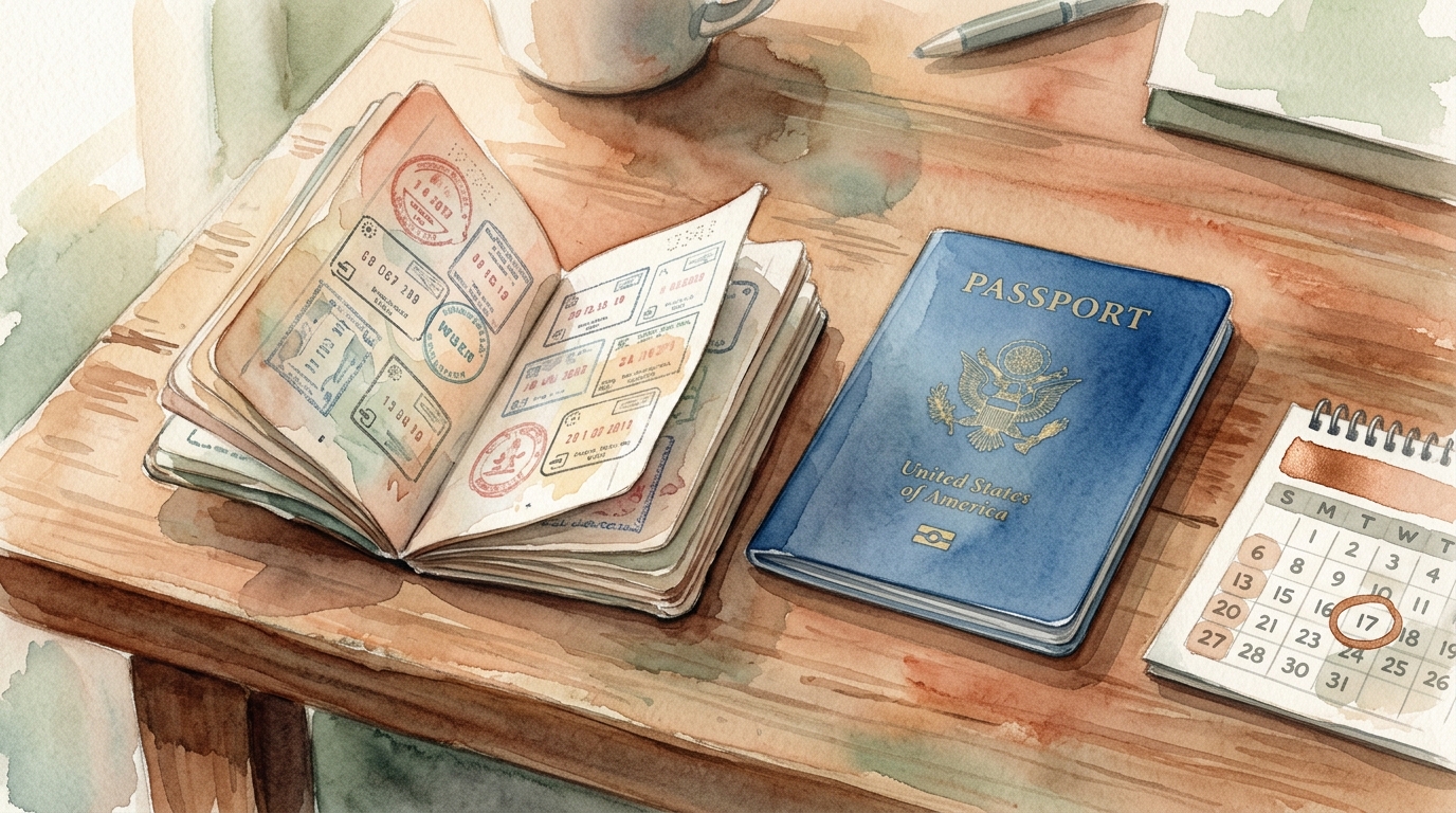 Illustrazione ad acquerello di due passaporti affiancati su una scrivania di legno usurata: uno è un passaporto biometrico ben usato aperto per mostrare la pagina del visto