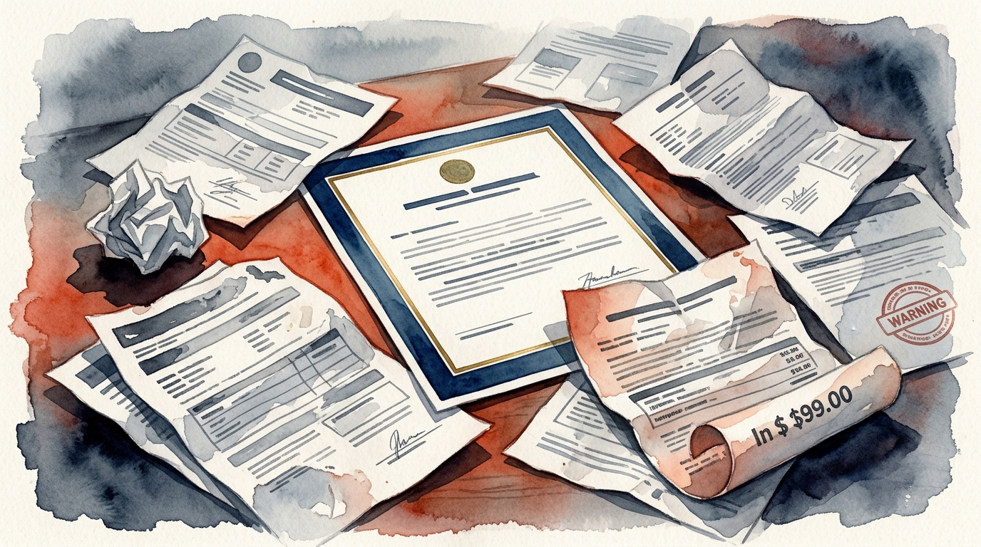Illustrazione ad acquerello di una scrivania disordinata vista leggermente dall'alto: un documento ufficiale legittimo in blu e oro istituzionale si trova al centro