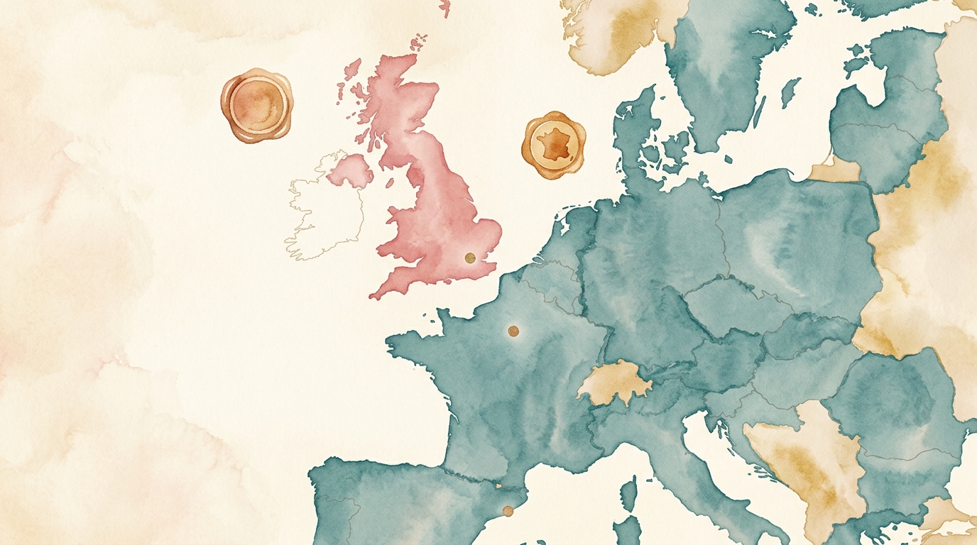 Illustrazione ad acquerello di una mappa illustrata vista dall'alto che mostra le isole britanniche e l'Europa continentale su carta color crema invecchiata