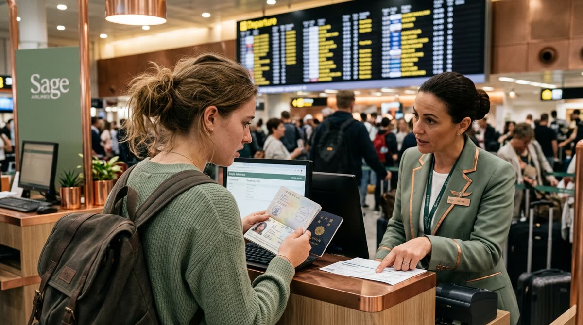 First-time traveler showing passport to airline agent at airport check-in counter with departure board in background