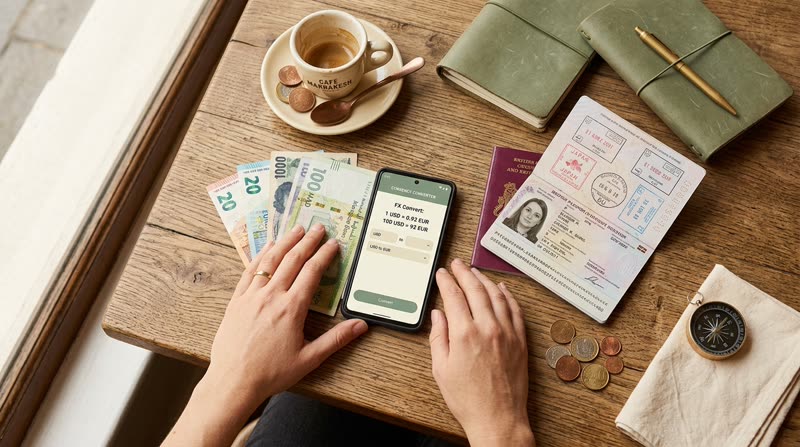 Traveler holding foreign banknotes while checking a currency converter app on a phone next to an open passport and coffee on a cafe table