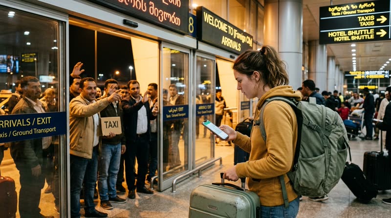 Solo traveler checking phone at airport arrivals exit while taxi drivers gesture from a queue, signs in Georgian script overhead
