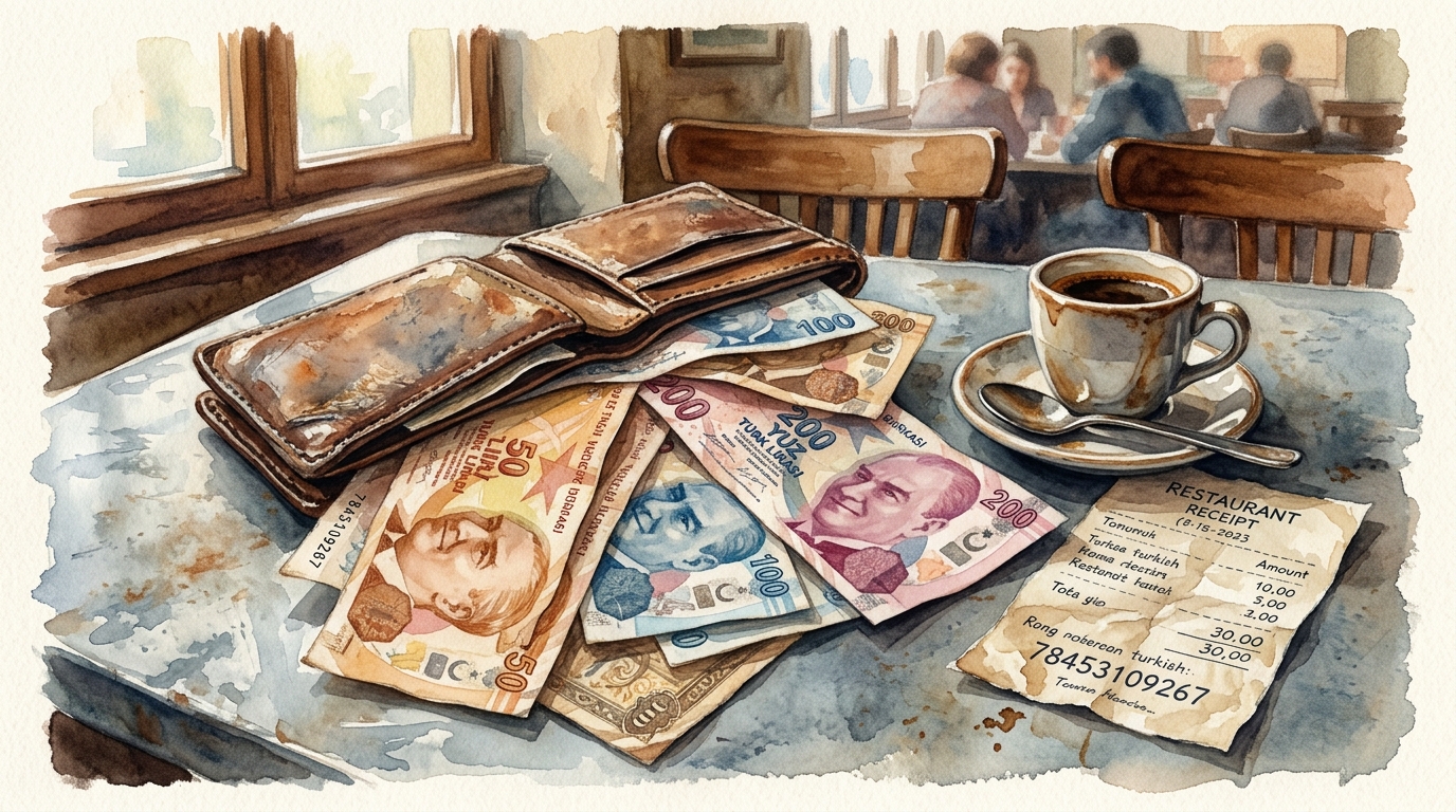 Akwarelowa ilustracja zużytego skórzanego portfela leżącego na cynkowym stoliku w kawiarni, z którego wysypują się wyblakłe banknoty liry tureckiej o wysokich nominałach