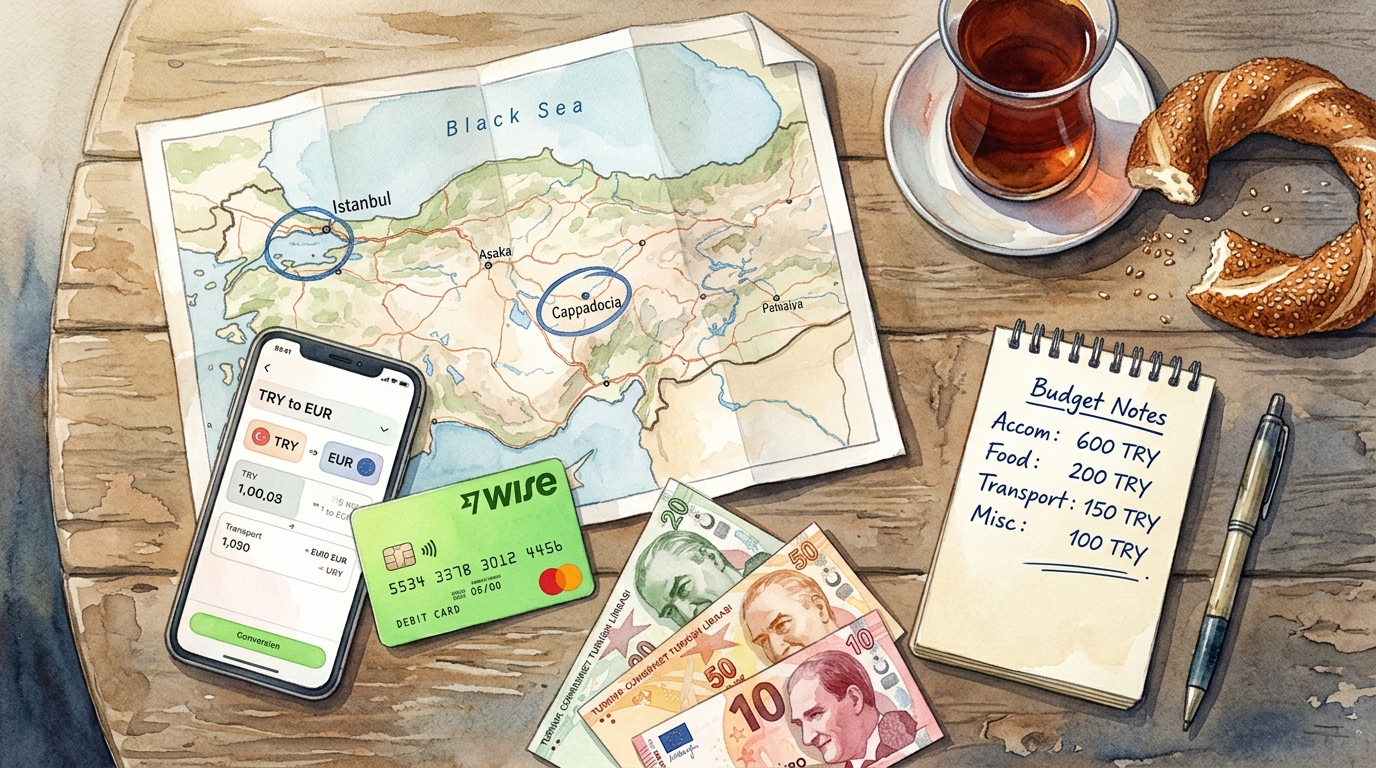 Akwarelowa ilustracja przedstawiająca z góry planowanie podróży na zużytym drewnianym stole: smartfon wyświetlający kurs walut