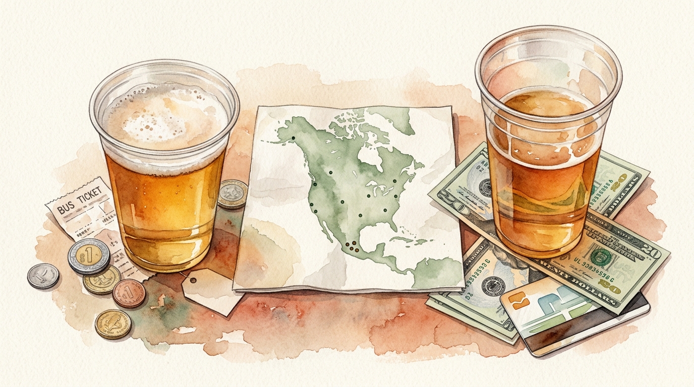 Ilustración en acuarela de una vista cenital de una mesa de cantina desgastada con dos vasos de cerveza uno al lado del otro