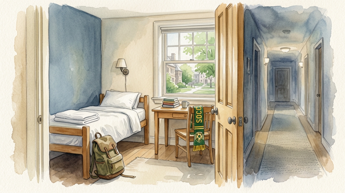 Ilustración en acuarela de un pasillo tranquilo de residencia universitaria visto a través de una puerta abierta
