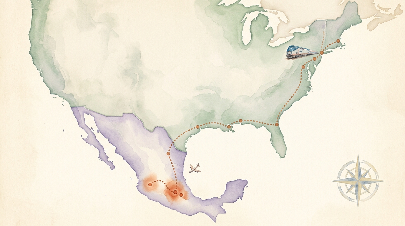Ilustración en acuarela de un mapa ilustrado del este de Estados Unidos y México sobre papel crema envejecido