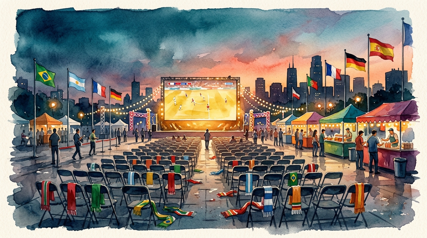 Ilustración en acuarela de una plaza urbana al aire libre al atardecer transformada en un festival de aficionados de la Copa Mundial