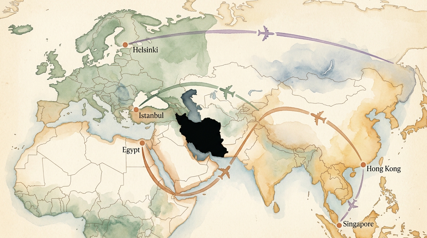 Akvarellillustrasjon av et kart på eldet kremfarget papir som viser Europa og Asia forbundet med sveipende flyruter