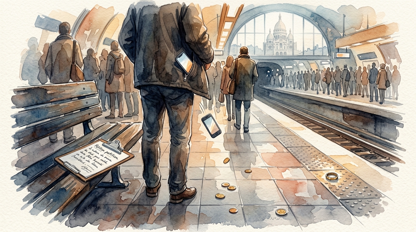 Illustrazione ad acquerello di una affollata banchina della metropolitana europea vista dall'alto, focalizzata sugli oggetti piuttosto che sui volti: un telefono che scivola fuori da