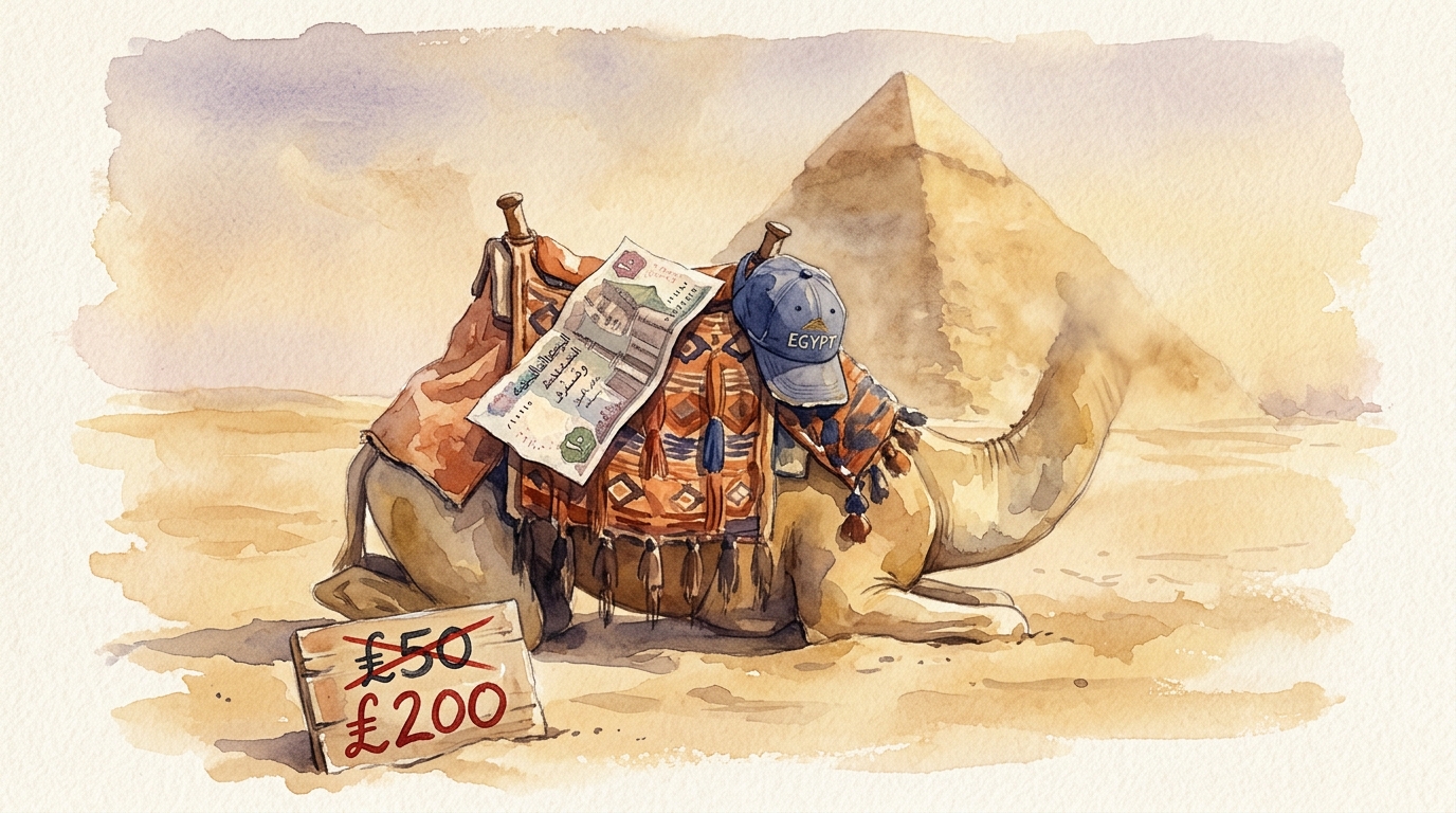Illustrazione ad acquerello di una sella da cammello vuota appollaiata in alto su un cammello inginocchiato vicino alle Piramidi di Giza, senza cavaliere