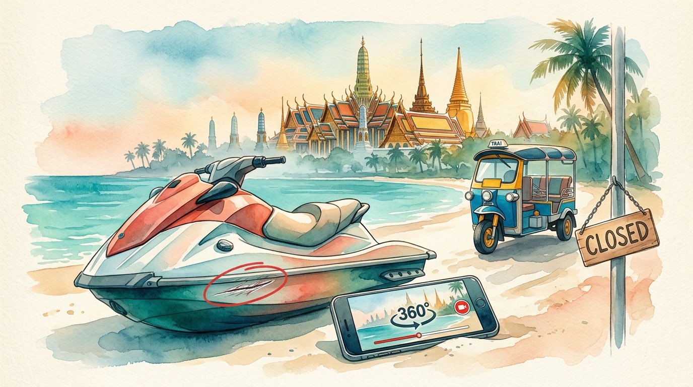 Illustrazione ad acquerello di una moto d'acqua arenata sulla sabbia bianca thailandese, il cui scafo mostra in modo prominente un graffio preesistente cerchiato con un pennarello rosso