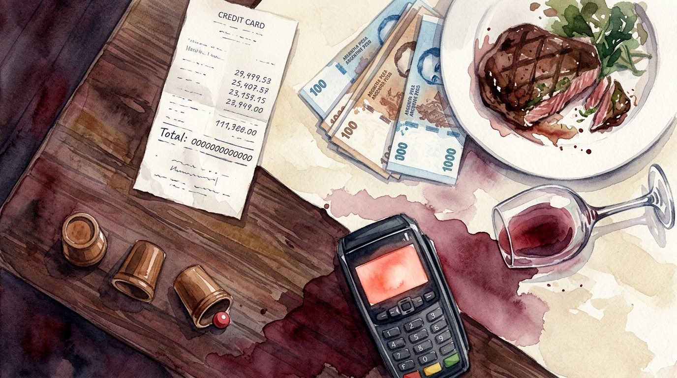 Illustrazione ad acquerello di un flat-lay dall'alto su un tavolo di legno scuro di un ristorante di Buenos Aires: una ricevuta di carta di credito con una lunga striscia sospetta
